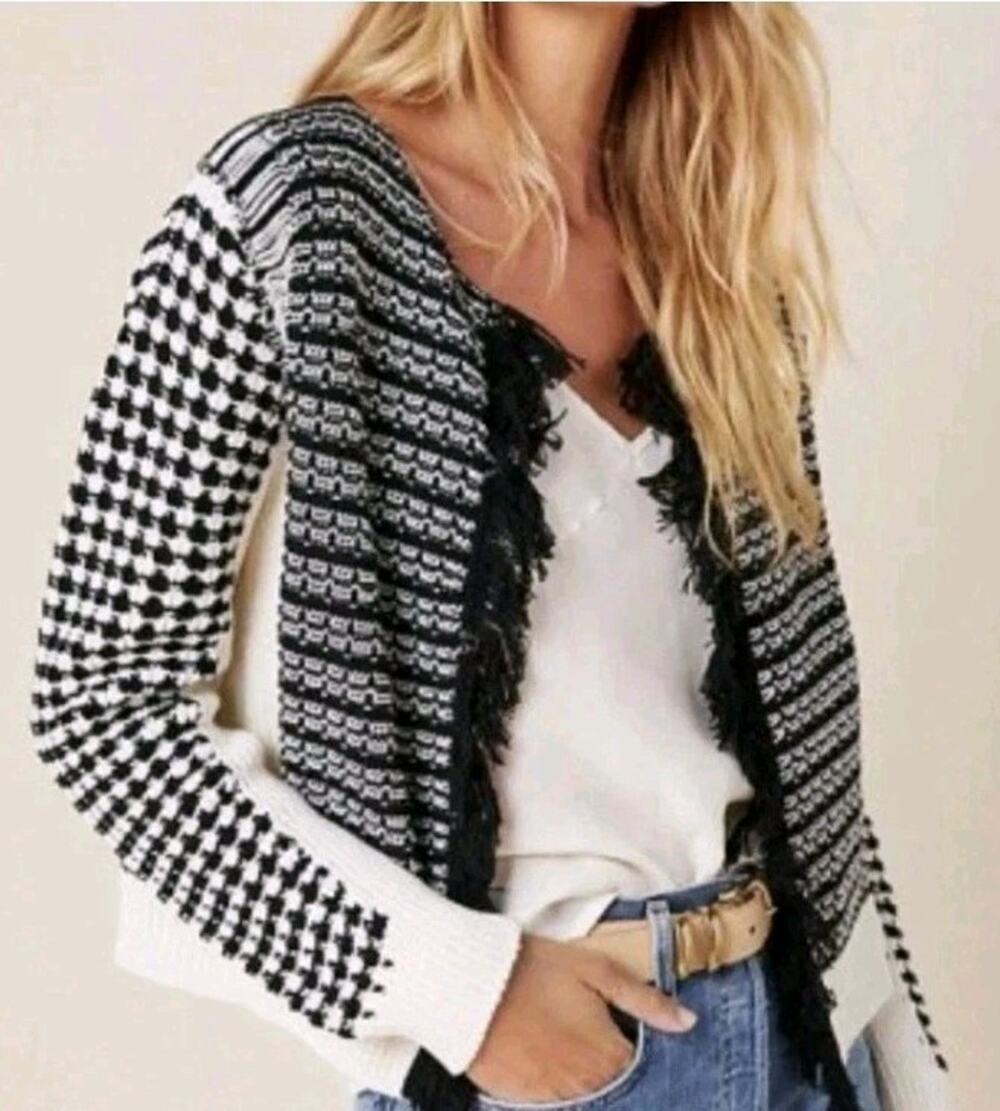 Anthropologie Aldomartins Cardigan Sweater Sz Large Izabella Fringed Black White